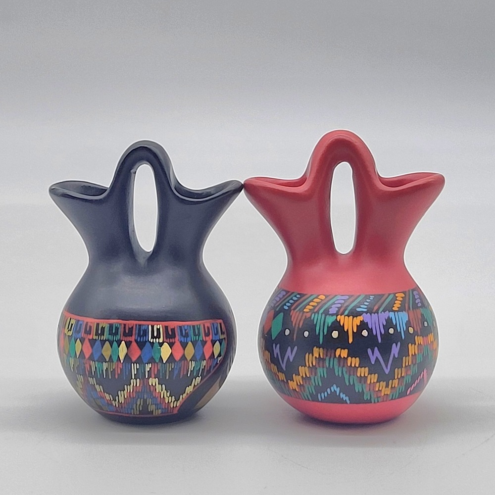 Vintage Navajo Wedding Vases Mata Ortiz Style Southwest Hand Painted Set Of 2